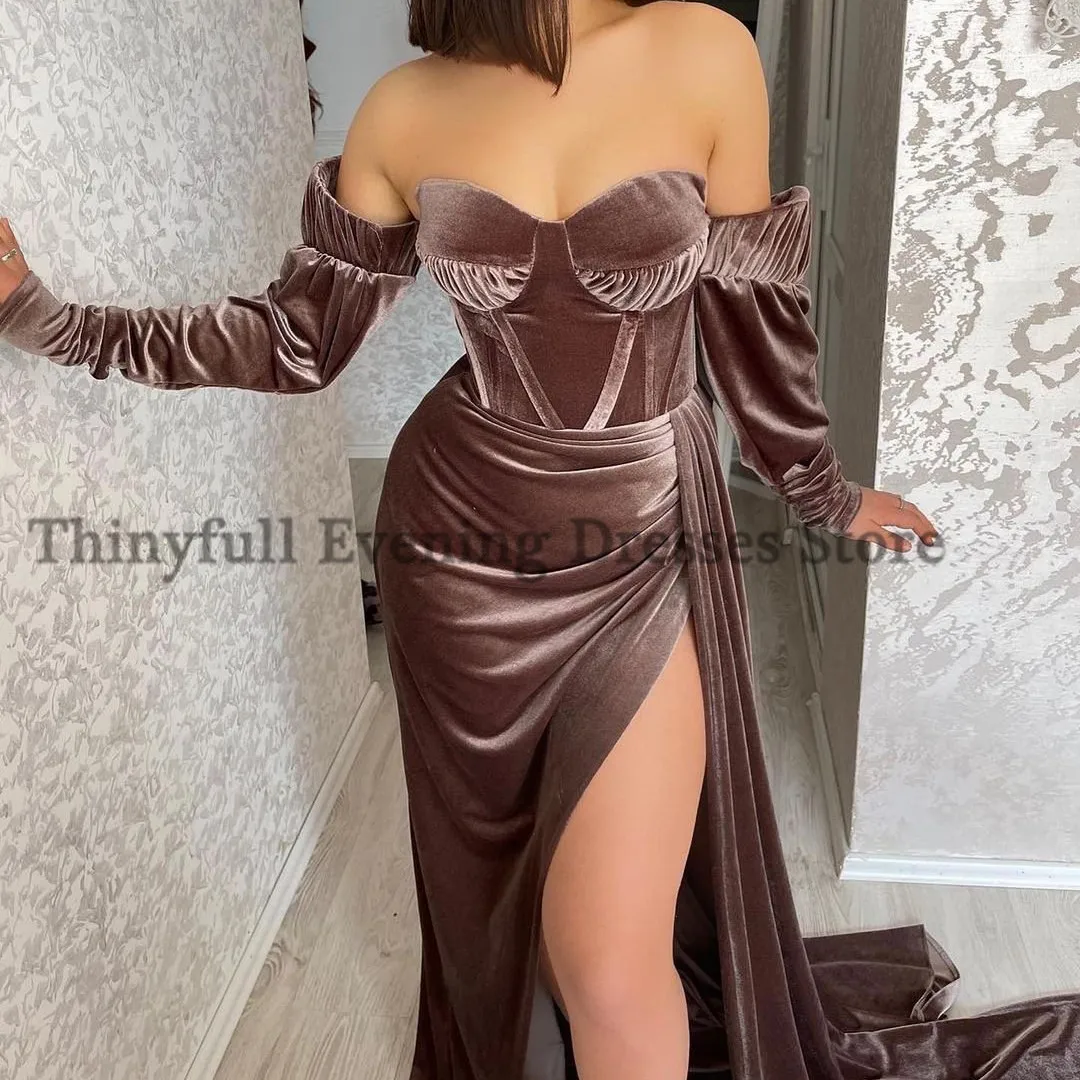 Thinyfull Sexy Mermaid Avondjurk Off Shoulder Velvet Prom Dresses Side Slit Floor Lengte Saudi Arabië Partij Jassen Plus Size