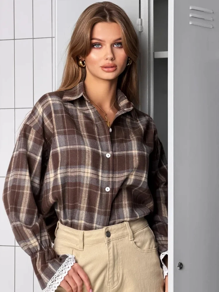 Fashionable Plaid Long Sleeve Shirt Casual Loose Women's  Neck Button up Sun Protection Commute Style Cotton Blend