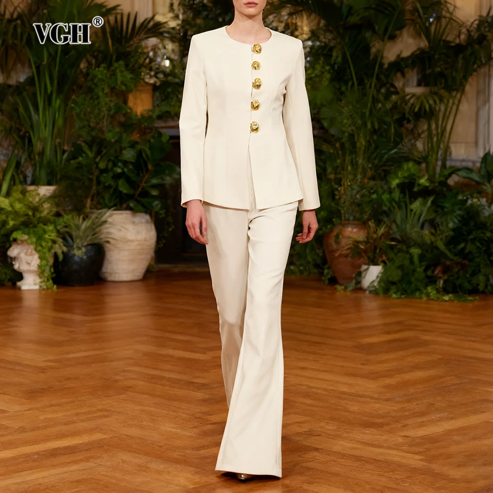 

VGH Solid Slimming Elegant Two Piece Sets For Women Round Neck Long Sleeve Top High Waist Pants Casual Solid Set Female Fashion