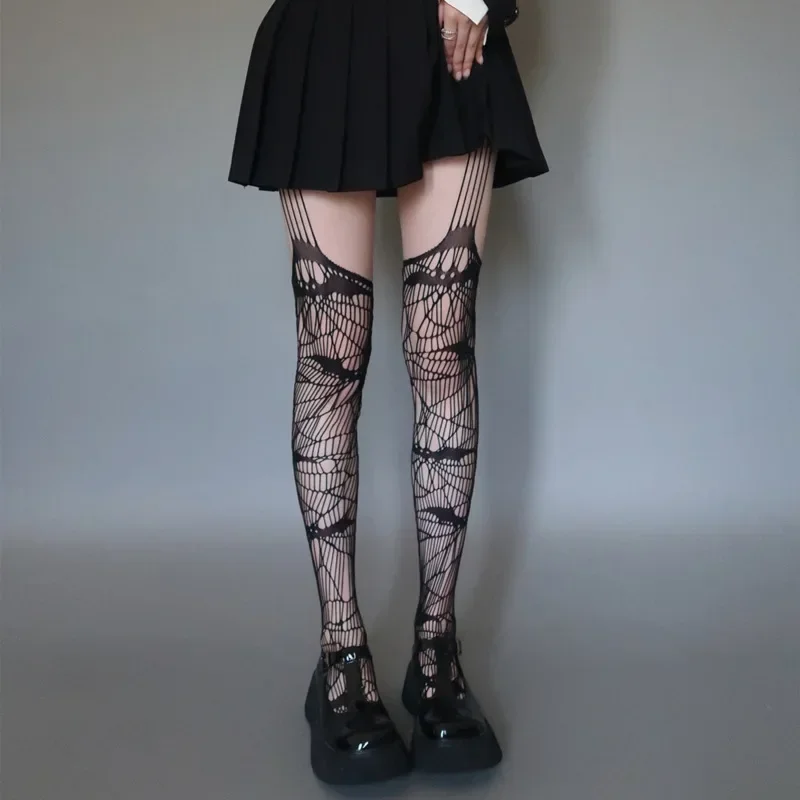 Gothic Bat Pattern Long Sexy Fishnet Stockings Punk Women Harajuku Emo Alternative Mesh Tights Skin Thigh High Garters Hosiery