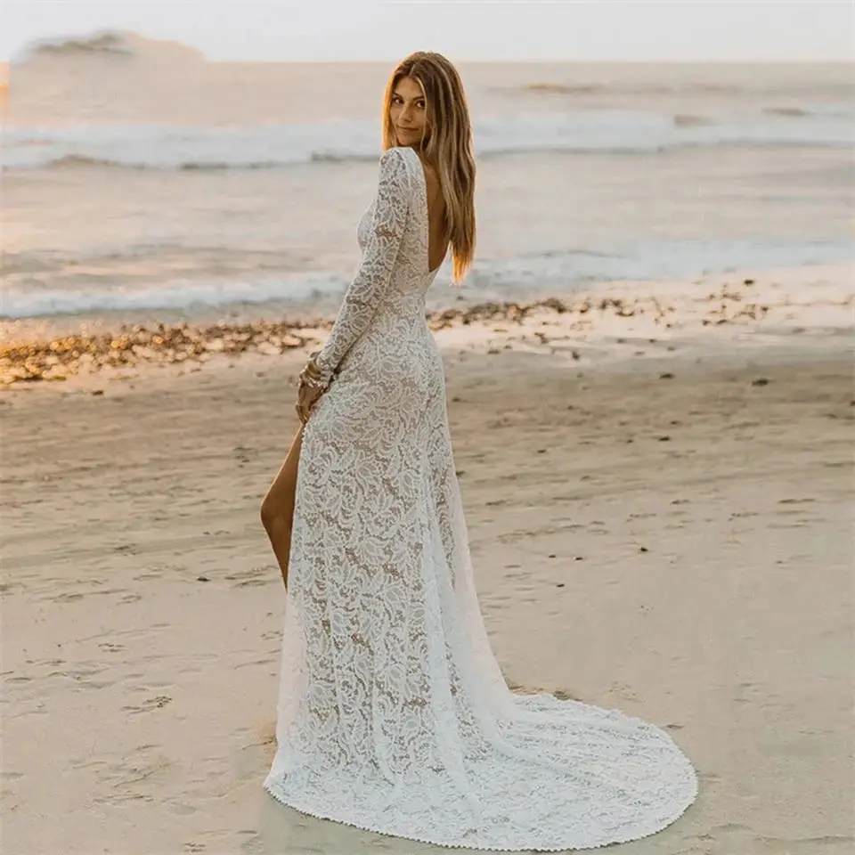 Robe de Mariée en Dentelle Personnalisée Style Boho, Manches sulf, Fente Latérale, Dos aux, Vêtement de Plage, pour Patients, Quelle que soit la Taille, 2024