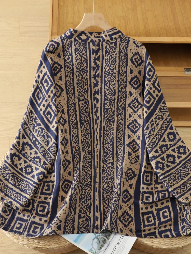 Retro Print Geometric Pattern Cotton Short Jacket Women's New Chinese Style Button Hanfu Long Sleeve Buddha Style Top