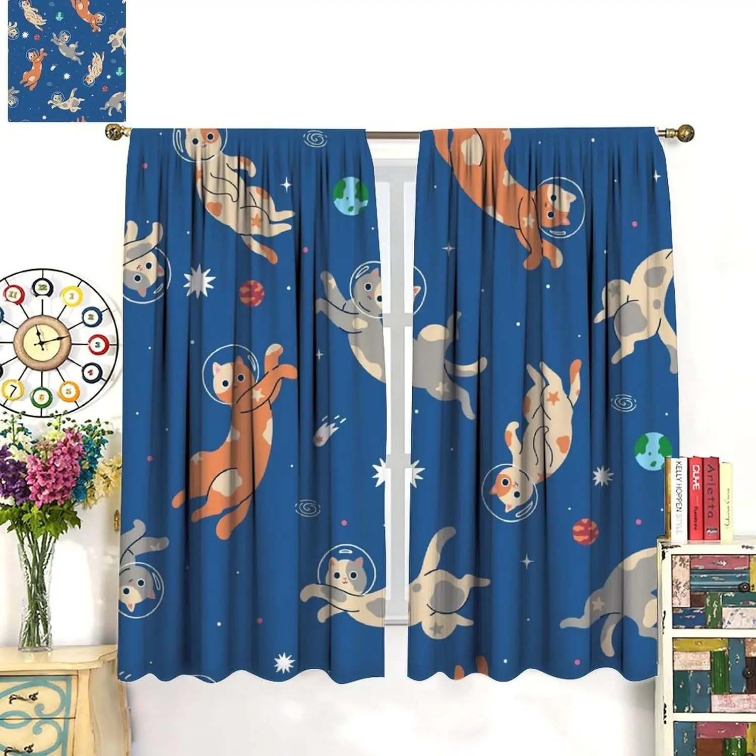 Abstract Universe Planet Cat Curtains, Colorful Cartoon Rod Pocket 2 Panels Drapes for Kids Bedroom Bathroom Decor