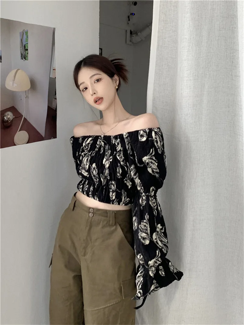 New Chiffon Summer Feminine Lightweight Hotsweet Slash Neck Crop Tops Print Butterfly Sleeve Chic Ladies Party Shirts Blouses