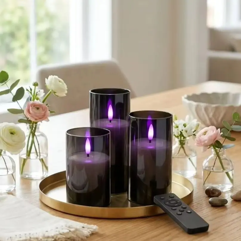 3er-Pack Schwarze Flammenlose LED-Kerzen mit Fernbedienung und Timer, Batteriebetriebene Säulenförmige Kerzen für Moderne Rustikale Gotische Atmosphäre, Heimdekoration