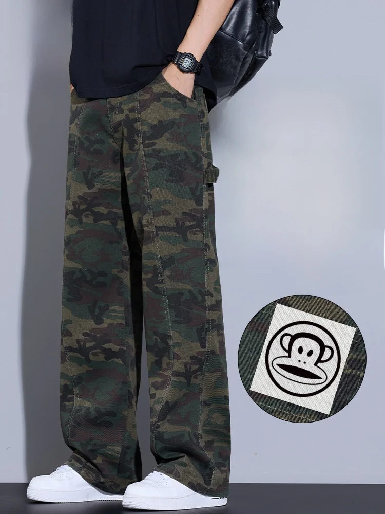 

PaulFrank Camouflage Work Pants Men's Spring Autumn High Street Trendy Straight Leg Casual Trousers Loose Fit Zipper Waist