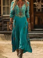 Elegante vestido de primavera y verano para mujer, vestido informal con estampado floral étnico vintage, cuello en V, manga larga, suave y agradable para la piel, adecuado para fiestas, bodas, hogar, vacaciones, vestido largo