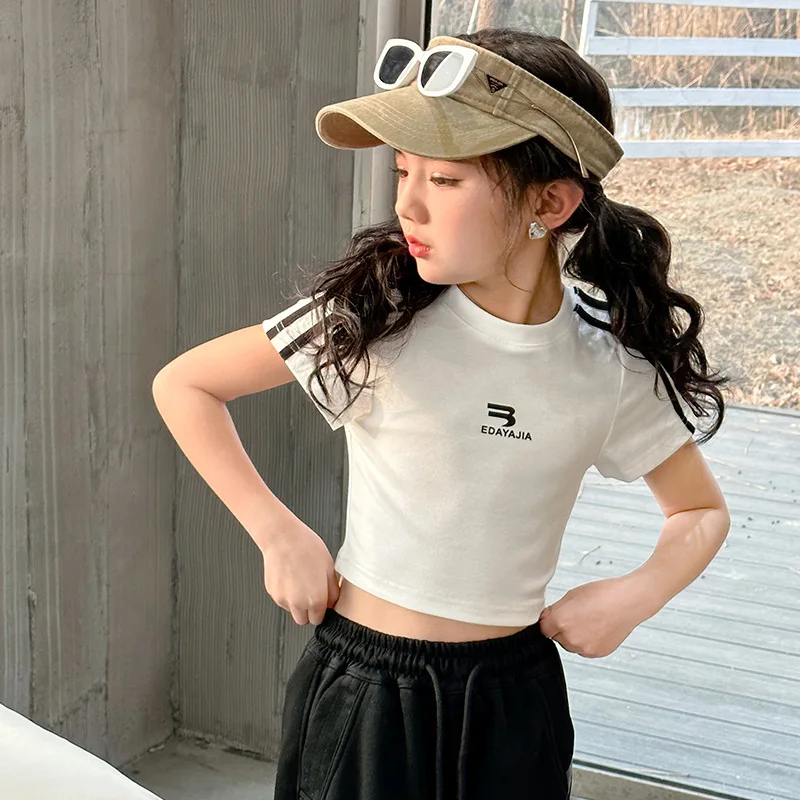 New Summer Black white 95% Cotton American Hot Girls short t-shirt korean streetwear kids top tee clothes vetement enfant fille