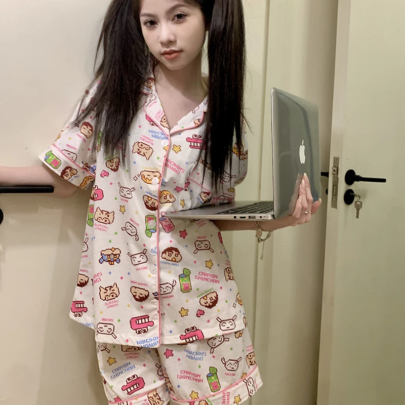 Kawaii Cartoon Print Summer Pajamas Set Women Single Breasted Shirts + Shorts Casual Pink Sleepwear Pocket Soft Home Suit Sweet