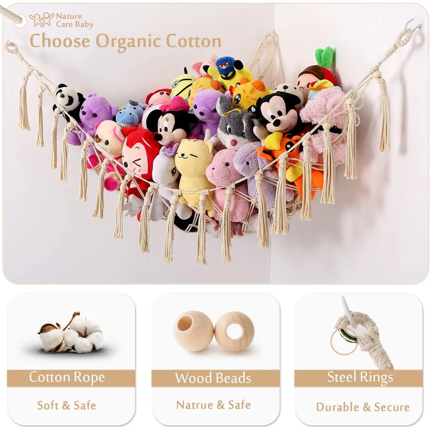 Stuffed Animal Storage Organizers Corner Hanging Ne 60" L Stuffy Animal Hammock Macrame Toy Display Plush Toy Holder Wall, Kid Bedroom Decor Boho Nursery Playroom Organizer 60" L (Cream) - view 2