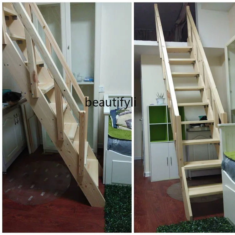 Solid Wood Loft Stairs Household Duplex Ladder with Armrest Pine Wooden Simple Climbing Straight Ladder