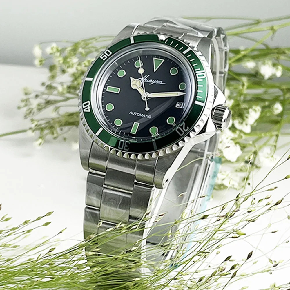 NH35A Men's Watch Waterproof 39mm steel case Mechanical Bezel Rotating steel bracelet Black dial Green Stylish AAA