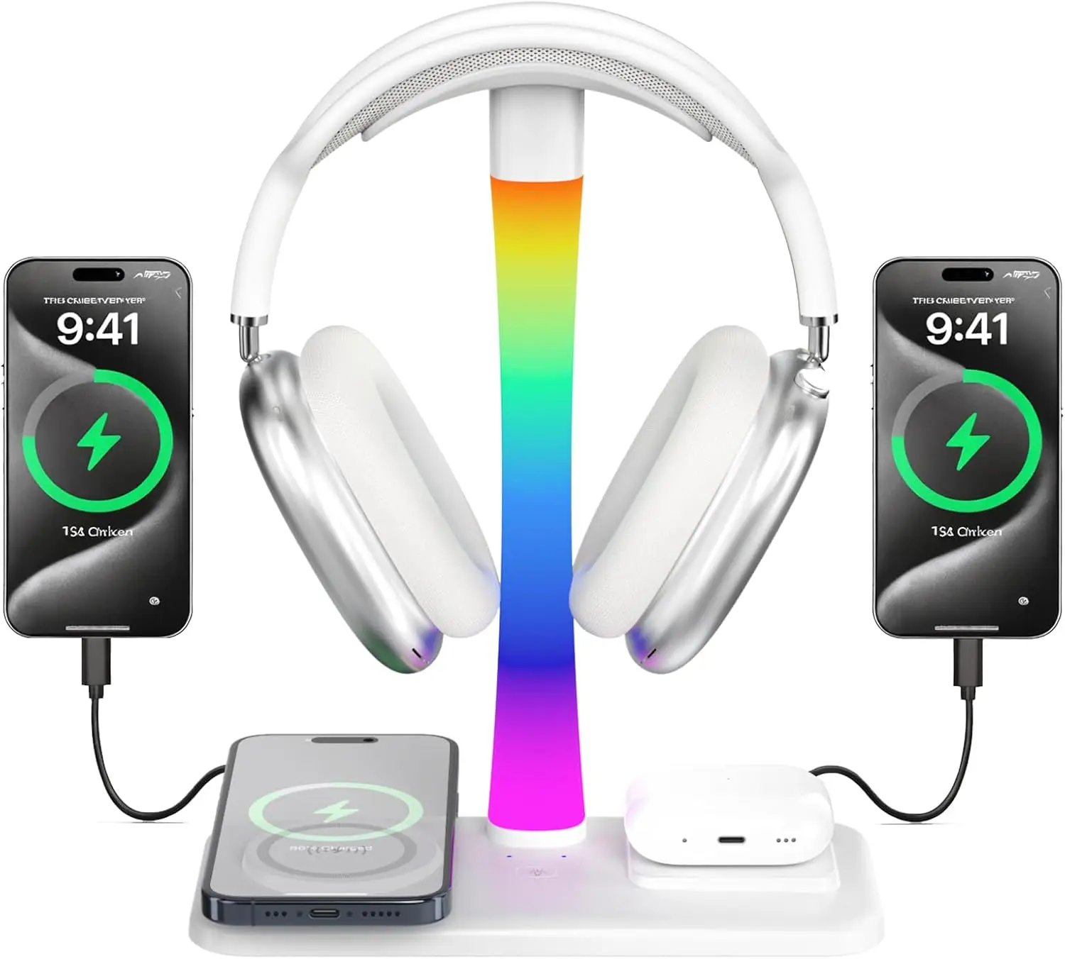 

Беспроводная зарядная подставка для наушников с RGB-подсветкой, совместимая с iPhone и игровыми гарнитурами, органайзер для стола, подарок