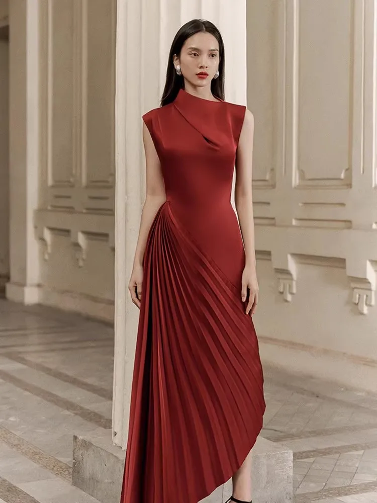 News Party Evening Spring Summer Women Casual Off The Shoulder Sleeveless O Neck Red Banquet Folds Wedding For Female Dresses