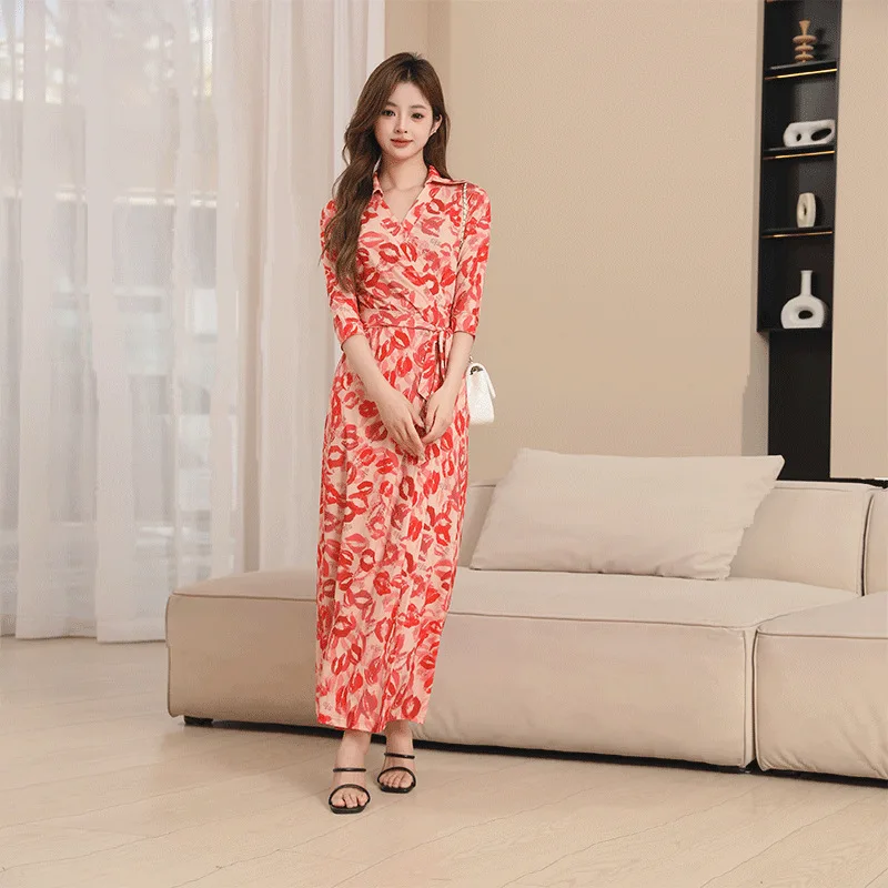 Ele Bloemen Wrap Dr Slim Fit Lange Rok Hoge Taille Zomer Dames Nieuwe Sle PG DVF Turn-down Kraag Zijsplit Dr