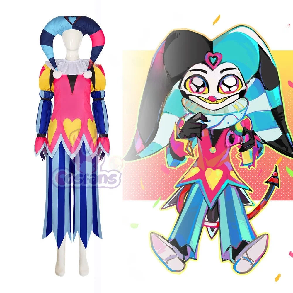 

Fizzarolli Jester Косплей Костюм Топы Брюки со шляпой Шейный костюм Перчатки Полный комплект Ролевая игра Хэллоуин Карнавальный костюм Костюм