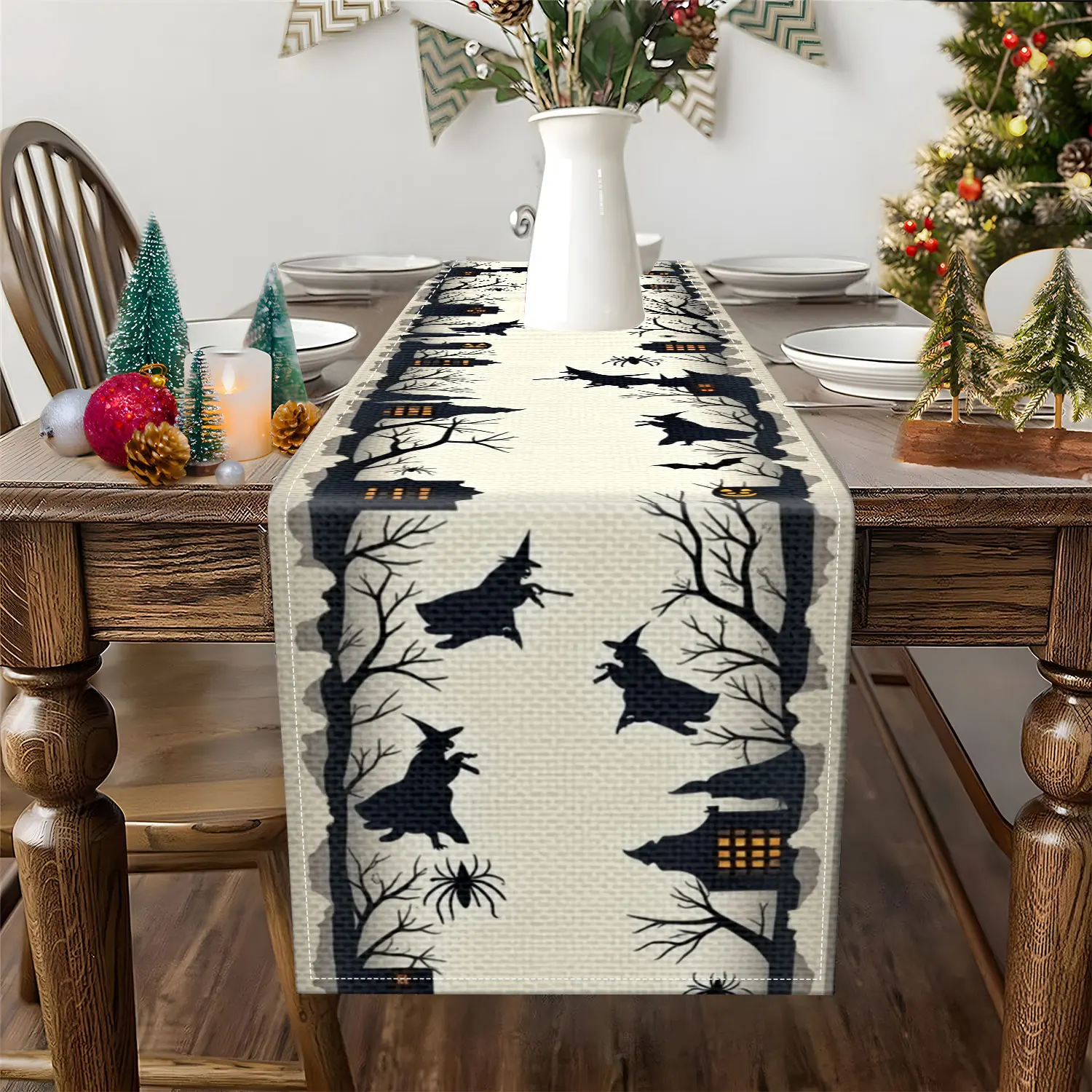 قطعة واحدة من مفرش الطاولة بطابع الهالوين مع أنماط الساحرات والقرع والخفافيش وما إلى ذلك، مناسبة لحفلات العطلات ومشاهد الديكور المنزلي #2