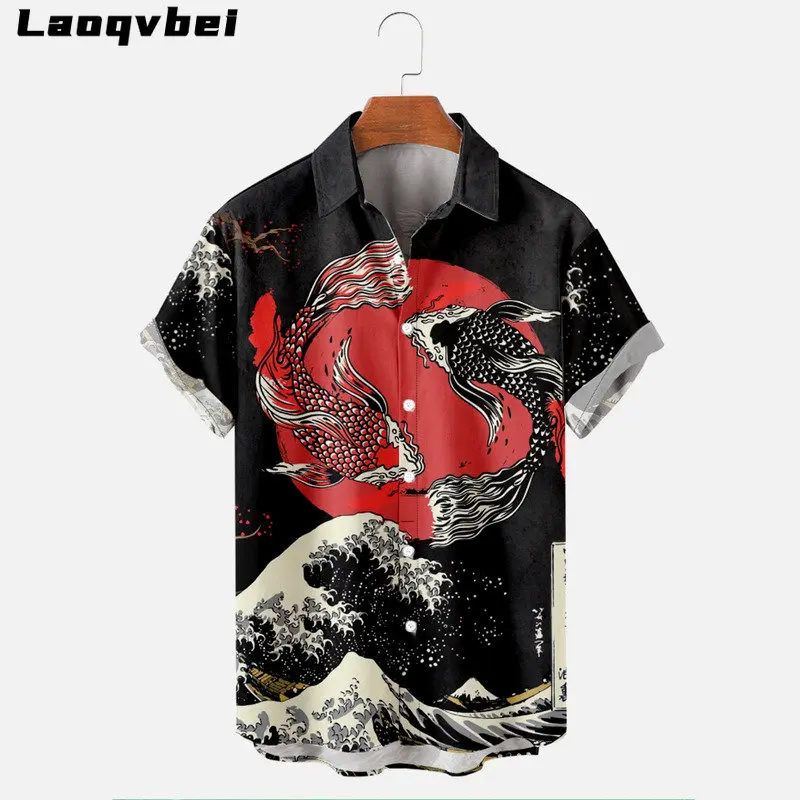 

Hawaiian Holiday Beach Pocket Shirt Japanese Style Ukiyo-e Print Short Sleeve Men's Shirt Summer Fashion Top Breathable Shirt