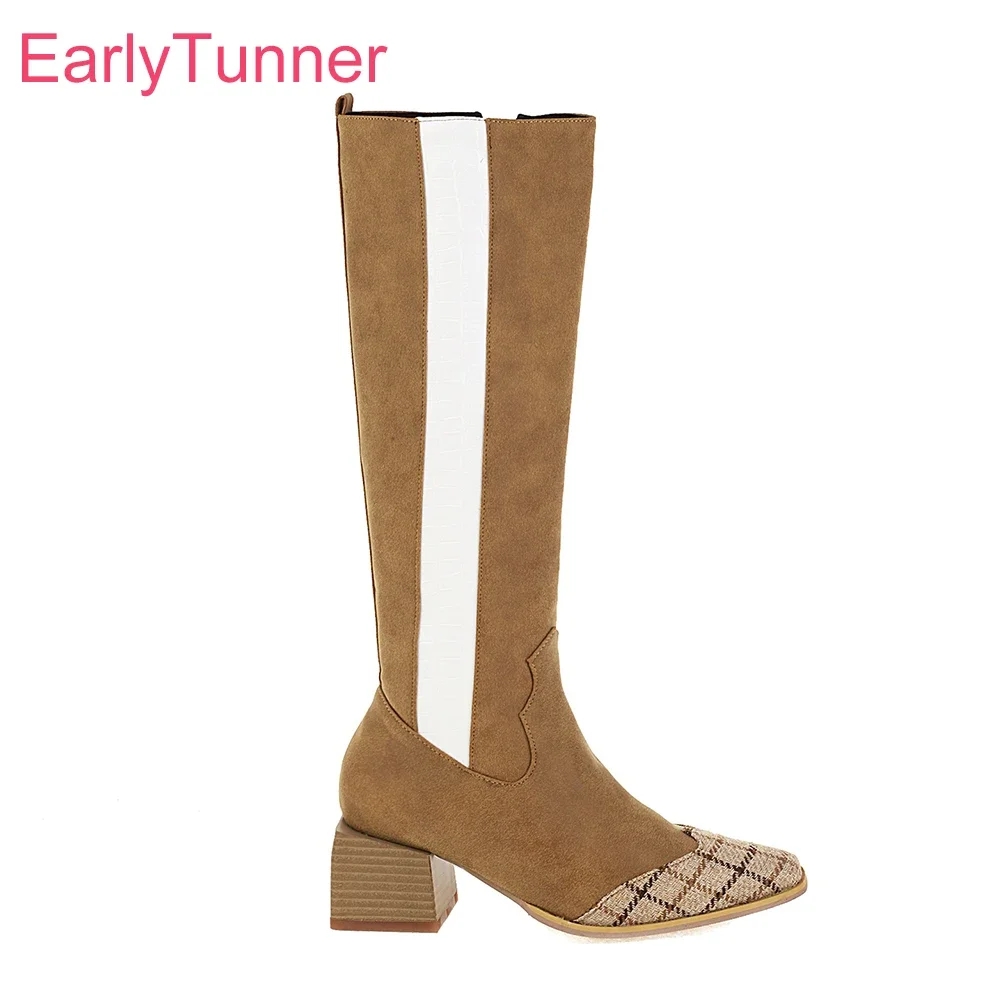

Winter New Sexy Brown Pink Women Knee High Boots Fashion Anti slip Med Heel Lady Riding Shoes Plus Big Size 12 43 45 48