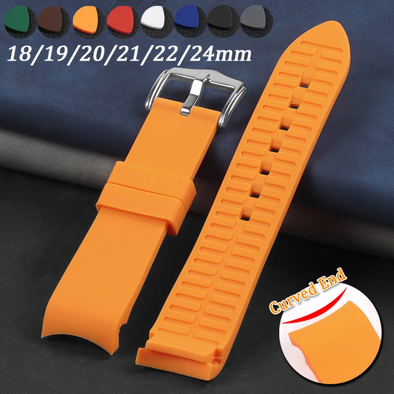 Bracelet de montre en silicone souple à extrémités courbes 18/19/20/21/22/24mm, bracelet en caoutchouc respirant pour Seiko, Rolex, bracelet universel pour poignet