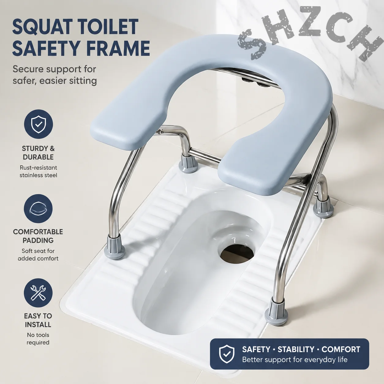 Folding Stainless Steel Toilet Stool with U-Shape Design, Non-Slip Base, for Pregnant Women and Seniors