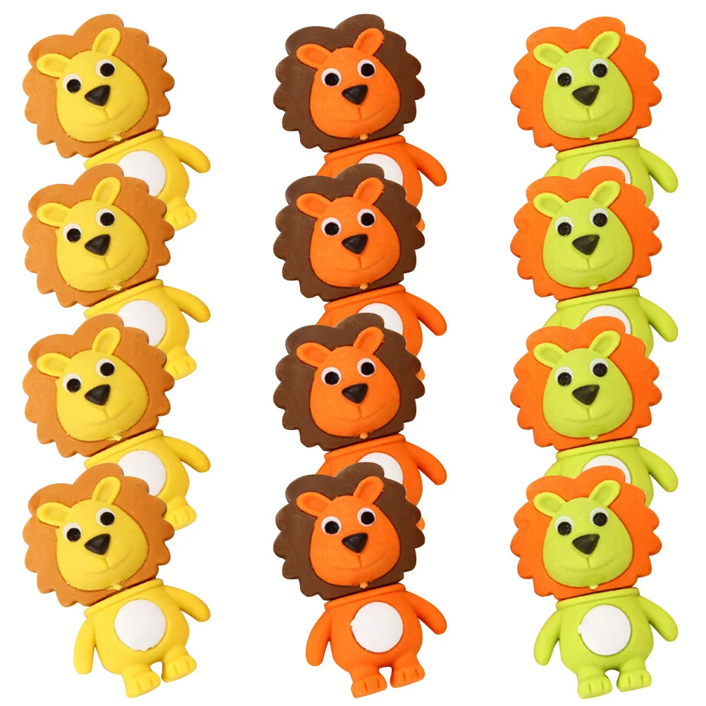 

12pcs Creative Lovely Lion Shaped Pencil Erasers For School Supplies Students Gifts 3D Animal Erasers Kawaii Stationery