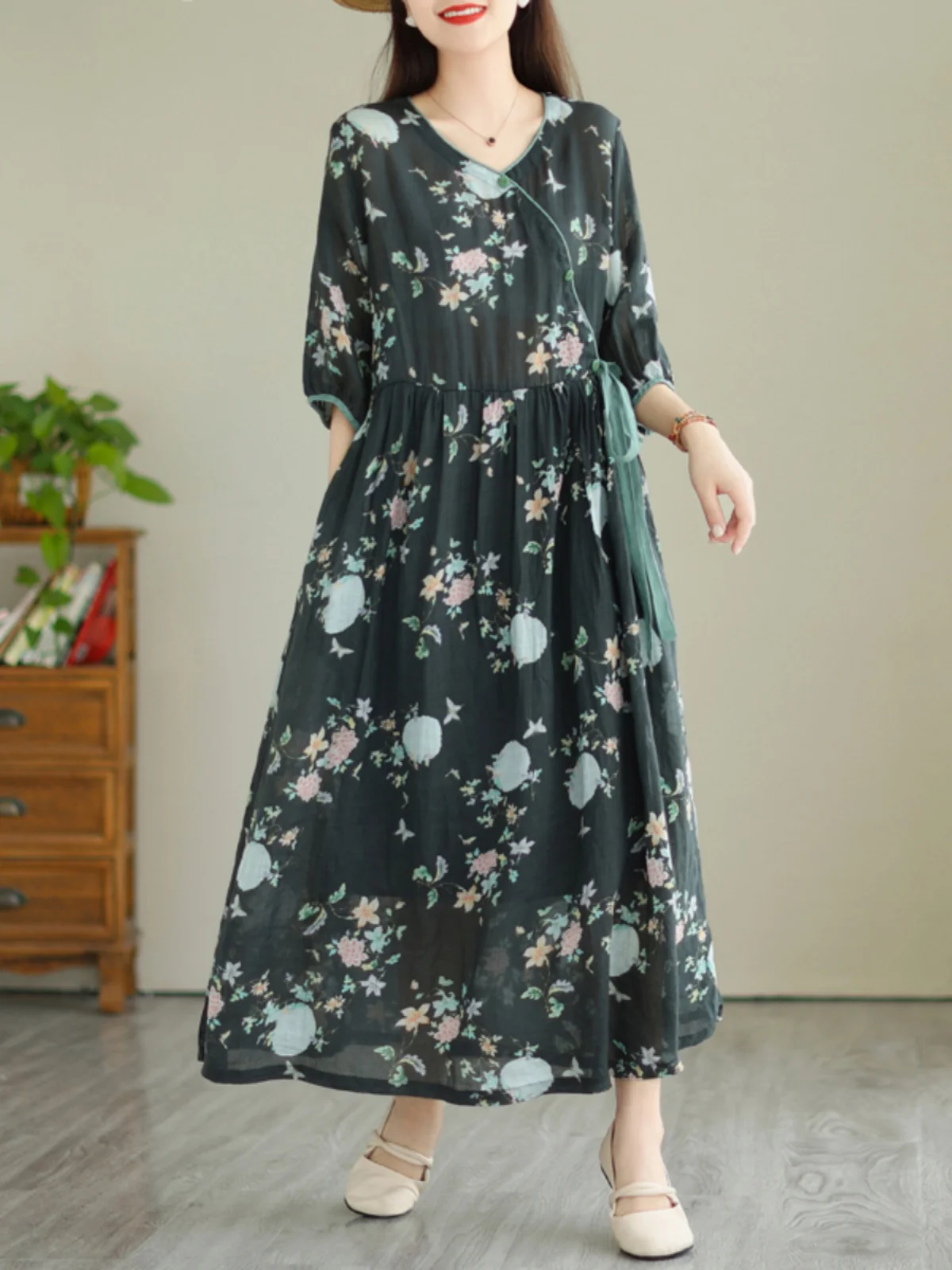 Sweet Floral Print A-Line Long Dr with Bow Tie round Ne Slimming Large Size Women's Faionable Commute Sle Cotton Blend