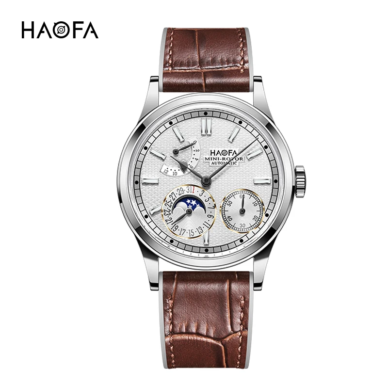 Haofa Automatic Mini-rotor Watches for Men Moon Phase Calendar Hour Dial Mechanical Wristwatch Sapphire Waterproof Casual 2372