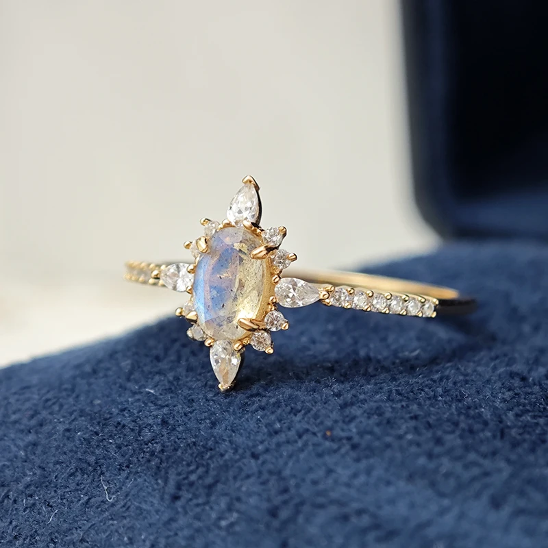 LAMOON Natural Labradorite Ring For Women Gemstone Star Ring 925 Sterling Silver Gold Vermeil Jewelry Wedding Engagement Ring