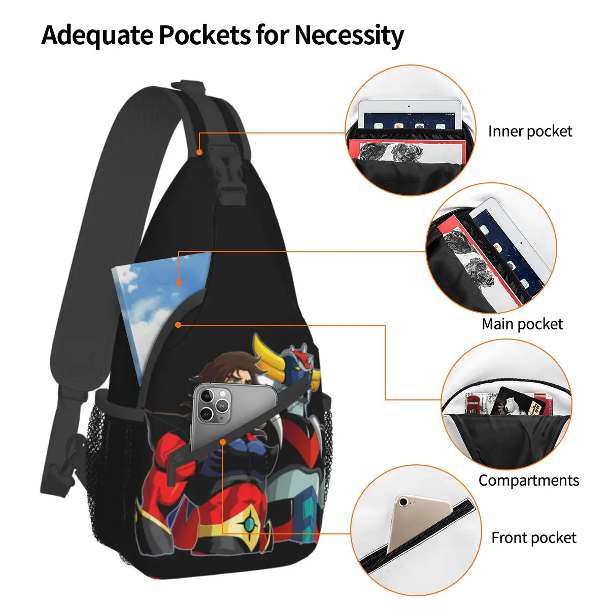 Grandizer Actarus OVNI Robot Bolso pequeño para el pecho, bandolera de hombro, mochila para exteriores, mochilas escolares con estampado de Anime