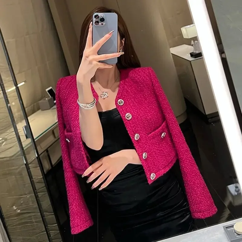 KUSAHIKI Tweed Autumn Single Breasted Weave Fashion Short Coat Women 2023 Elegant Jacket O-neck Long Sleeve Cardigan Tops