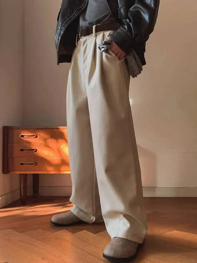 

2025 зимние мужские прямые костюмные брюки в корейском стиле, однотонные плиссированные дизайнерские повседневные мужские брюки, свободные мужские брюки