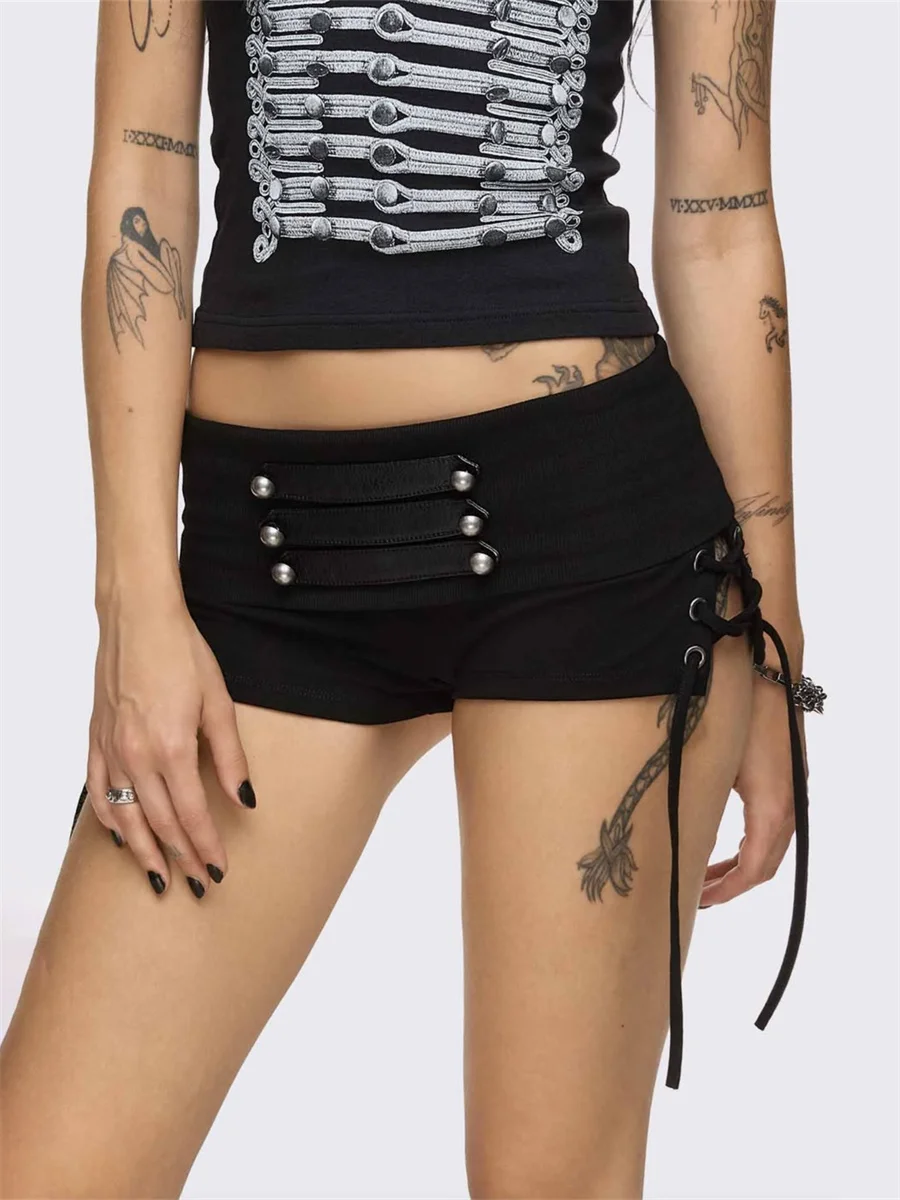 Nibber Patchwork Shirring Short Damen High Street Hottie Trend Nieten Metall Hohl Skinny Sexy Hottie Midnight Club Party Outfits – Detail 5