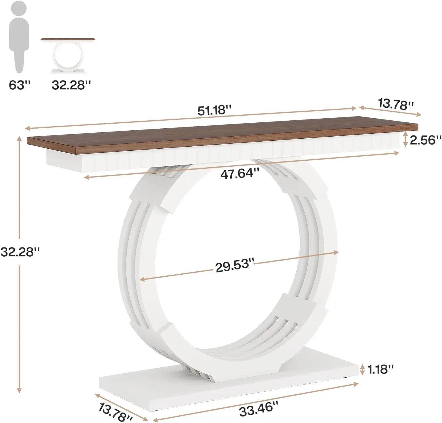 Mesa de console moderna com base geométrica de metal, sofá de entrada estreita, vintage acento mesa de entrada para sala de estar, branco, 51"