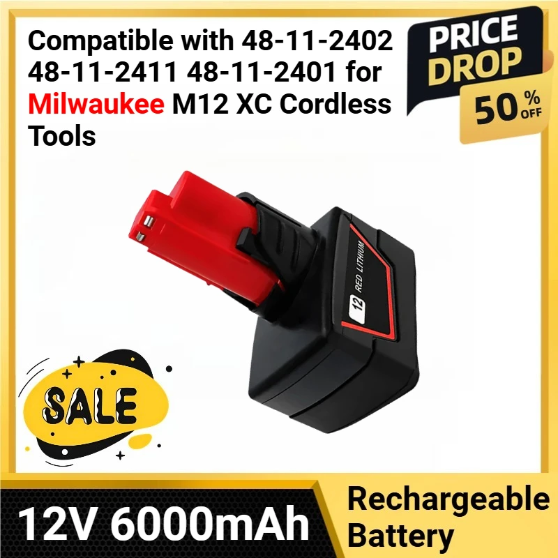 

Rechargeable Battery 12V 6000mAh Compatible with 48-11-2402 48-11-2411 48-11-2401 for Milwaukee M12 XC Cordless Tools