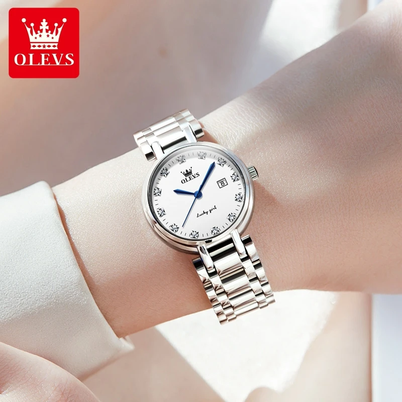 ساعة كوارتز نسائية بشريط فولاذٍ من الفولاذ ، علامة تجارية ، من Olevs