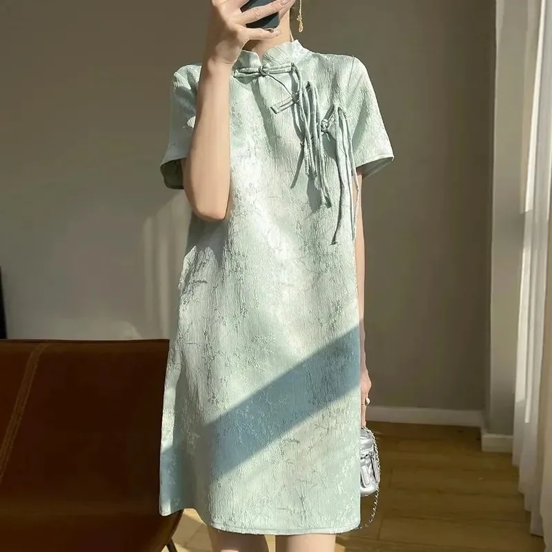 

New Chinese-style Stand-up Collar Button-up High-end Heavy Industry Cheongsam 2026 Summer New Fashion Solid Color Jacquard Dress