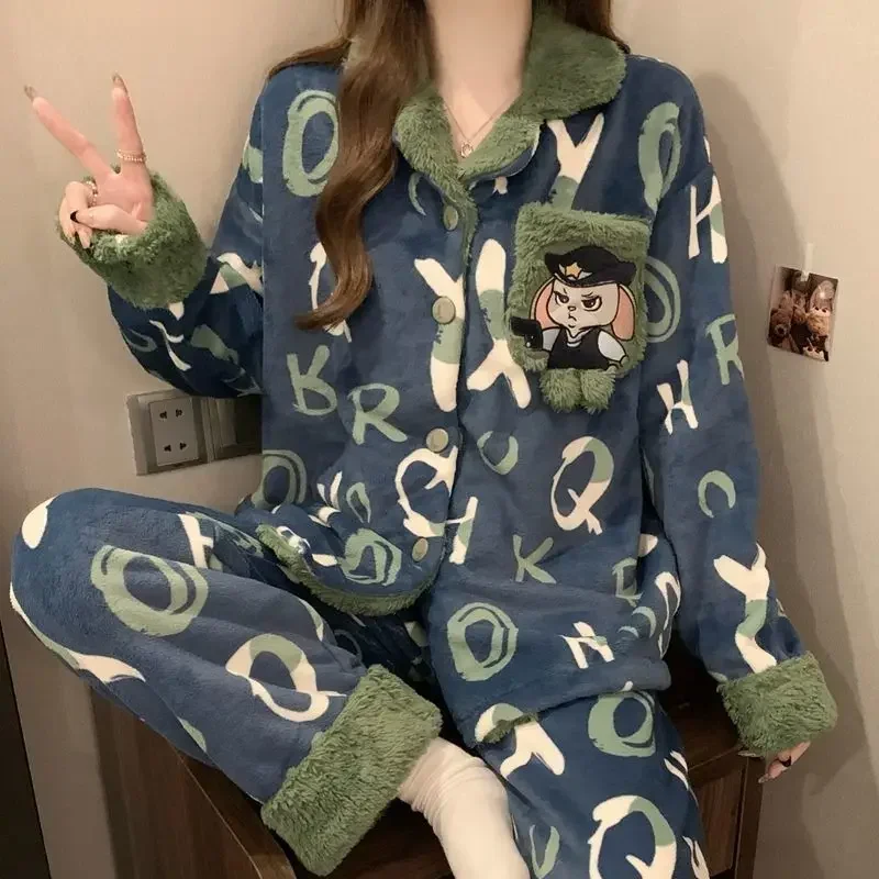 Korean Version of Women's Winter Pajamas Coral Velvet Cute Funny Houthi Senior Sense Set Cartoon Red Flannel Can Be Worn Outside