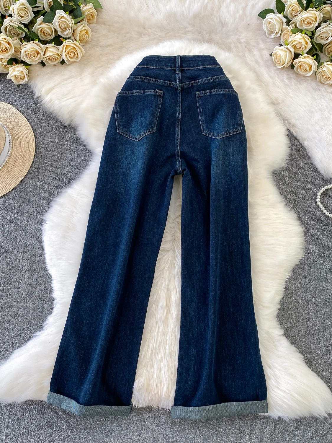 Amerikanische Retro-Jeans mit hoher Taille für Damen, lockere Hose mit geradem Bein, lässige Herbst-Winter-Faion-Hose in Übergröße mit Bündchen und weitem Bein