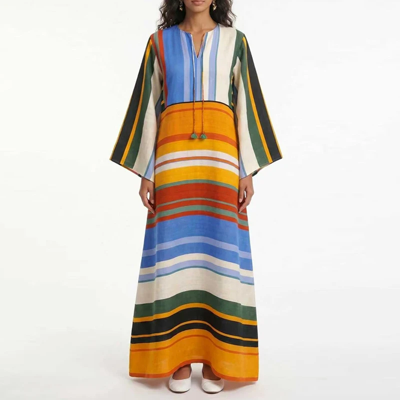 Elegant O-neck Long Sleeve Pleat Dress Autumn New High Waist Loose Commute Women Dress Vintage Contrast Color Stripe Print Robes