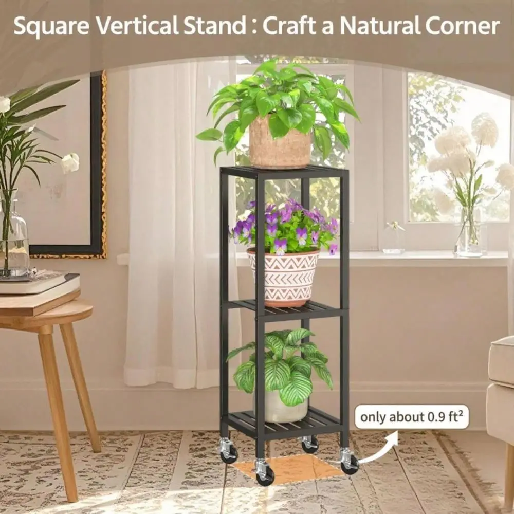 

3 Tier Black Metal Plant Stand Indoor Outdoor With Wheel For Large Planter, Modern Heavy Duty Tall Rolling Rack For Corner Hous