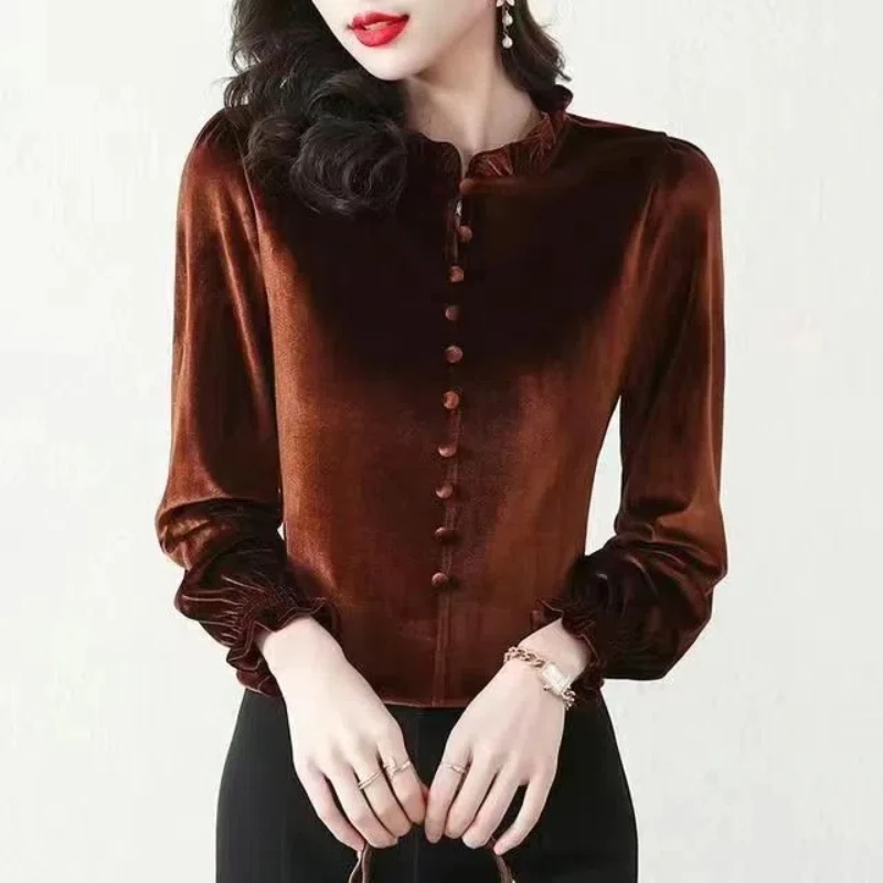 Gold Velvet Women\'s 2024 Autumn Winter Splicing O-Neck Button Ruffles Fashion Solid Color Minimalist Casual Long Sleeve Top