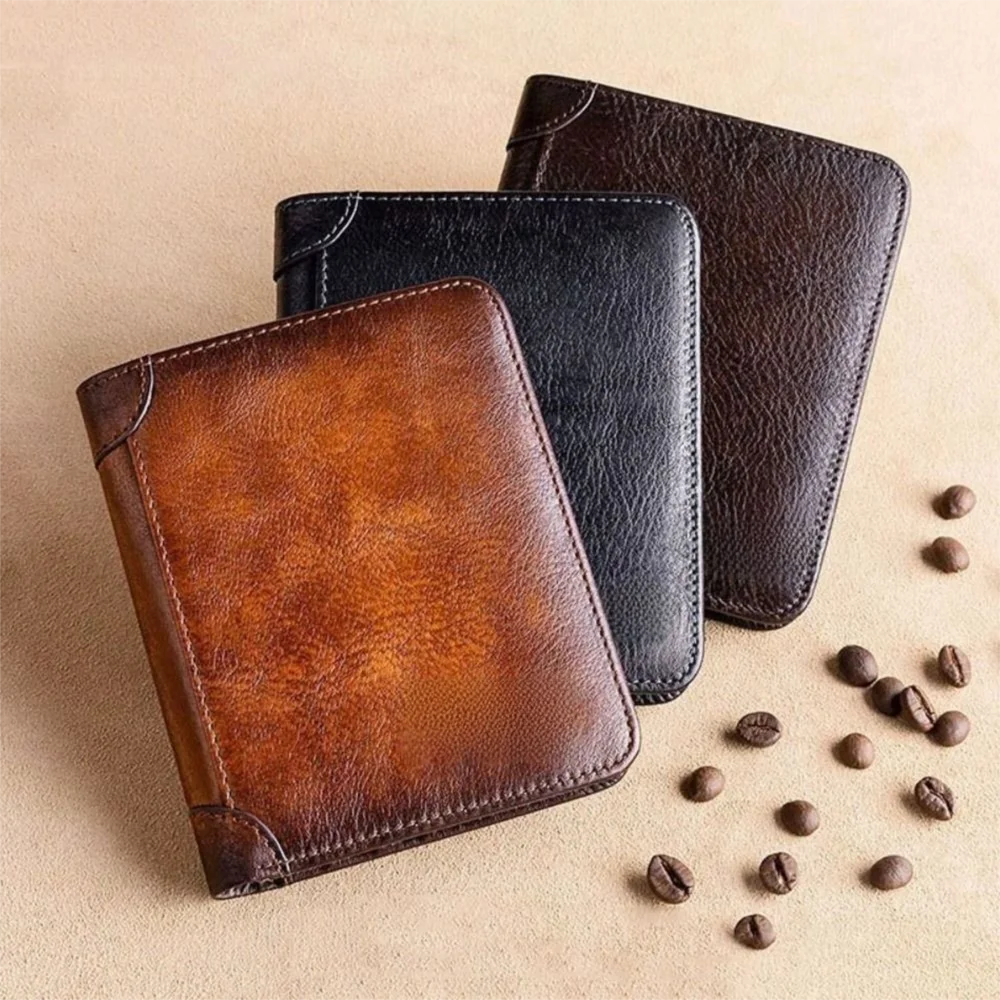 Genuine Leather Men's Trifold Wallets Protection Wallets Short Men Vintage Thin Wallets Multi Function ID Credit Card Holder