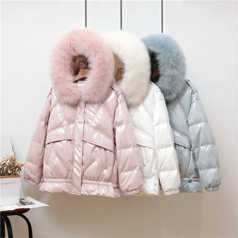 Winter Thick Warm Short Down Jacket Womens Fashion Leather Furry Hooded Coats Female Zipper Loose Cotton Clothes Mujer 2024