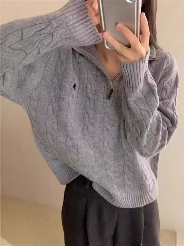 

Autumn Fashion Women Korean Casual Zipper Solid Color Embroidered Sweater New Women Y2K Retro Street Knitted Hoodie