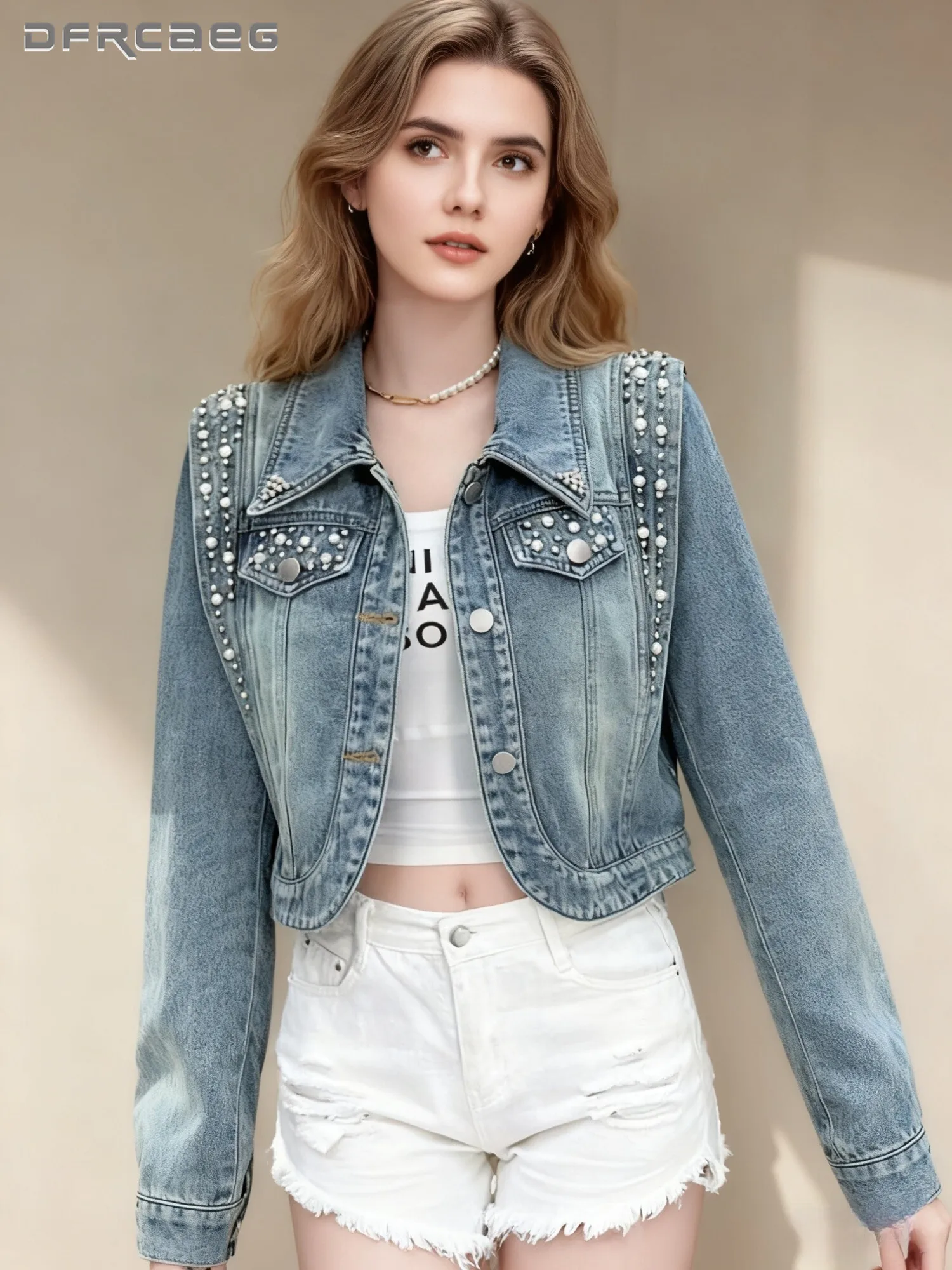 

Американские синие джинсовые куртки в стиле ретро с бисером, свободная уличная одежда с длинными рукавами, короткие джинсы, пальто, верхняя одежда