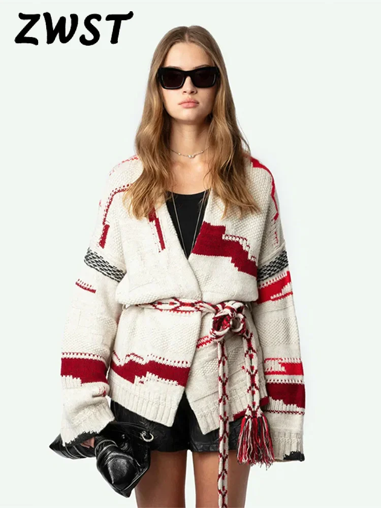 

Casual Printed Loose Knit Coats Women Full Sleeve Lace Up V-neck Knitted Open Stitch Female 2025 Autumn Winter Lady Outwears