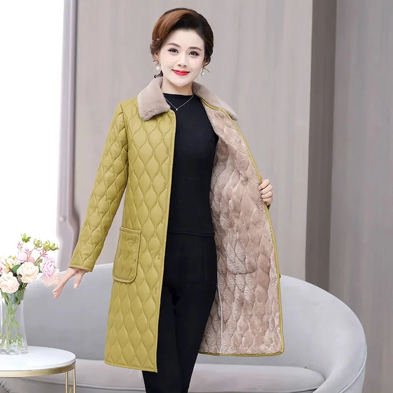 High Quality Imitation Leather Jacket Women Outerwear Plush Thick Mother Cotton Coats 2024 Winter New Mid Long Quilted Jacket