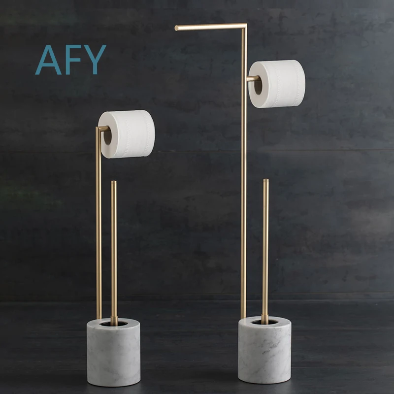 Light Luxury Pure Copper Non-Punching Floor Towel Rack for Small Apartment Bathroom Marble Hanging Tissue Holder for Toilet