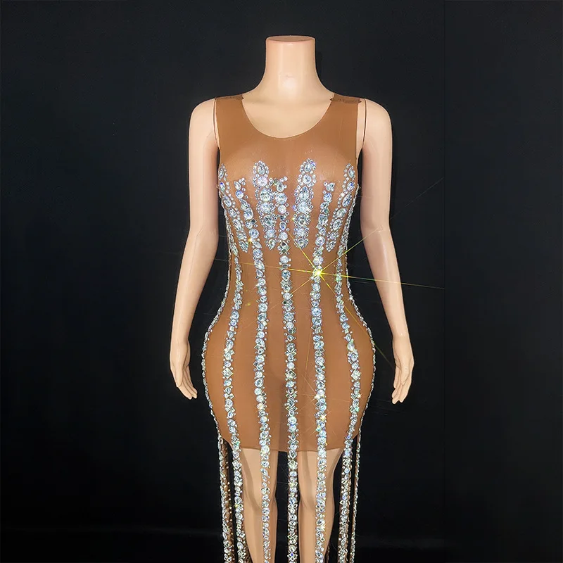 Diamond Long Dress Birthday Clothing Dark Brown V Halter U-neck Sleeveless Short Slim Silver Diamond Chain Long Tassel 이브닝 롱 드레스